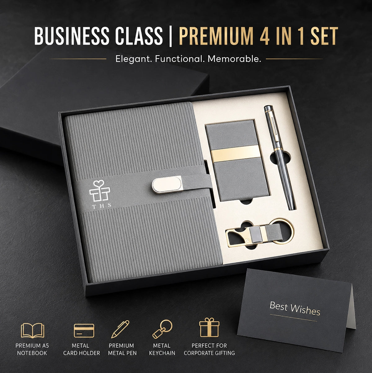 Premium Golden Touch — Navy & Gold Corporate Gift Set | A5 Notebook, Pen, Keychain & Flask