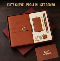 Elite Curve Pro 4-in-1 set combo with tan A5 diary, metal card holder, metal pen, metal keychain and Best Wishes card in presentation box