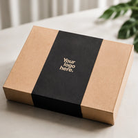 Sustainable kraft gift box with custom logo band for the THS bamboo tech 4-in-1 work-from-home corporate gift set
