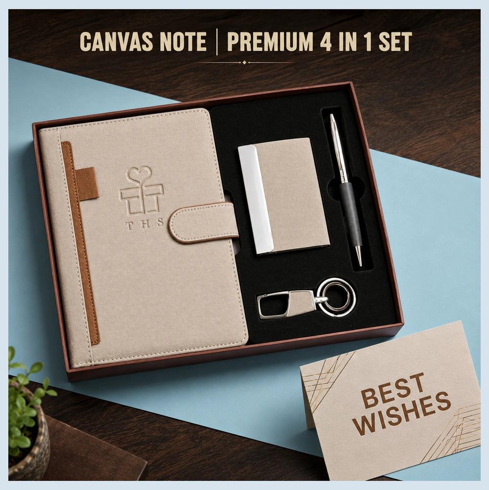 Canvas Note corporate diary gift set — ivory canvas A5 diary with tan pen loop, metal card holder, pen and keychain in a gift box