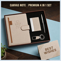 Canvas Note corporate diary gift set — ivory canvas A5 diary with tan pen loop, metal card holder, pen and keychain in a gift box