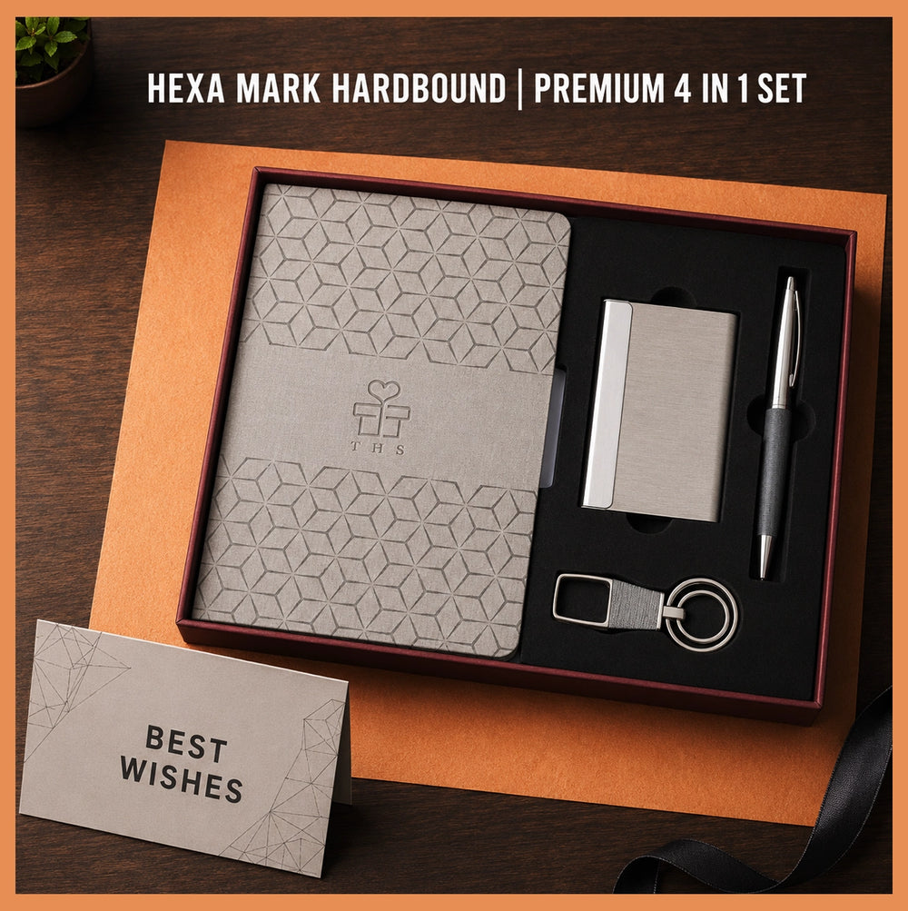 Hexa Mark Hardbound premium 4-in-1 corporate gift set with grey hexa pattern A5 notebook, metal card holder, metal pen, keychain and Best Wishes card