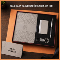 Hexa Mark Hardbound premium 4-in-1 corporate gift set with grey hexa pattern A5 notebook, metal card holder, metal pen, keychain and Best Wishes card