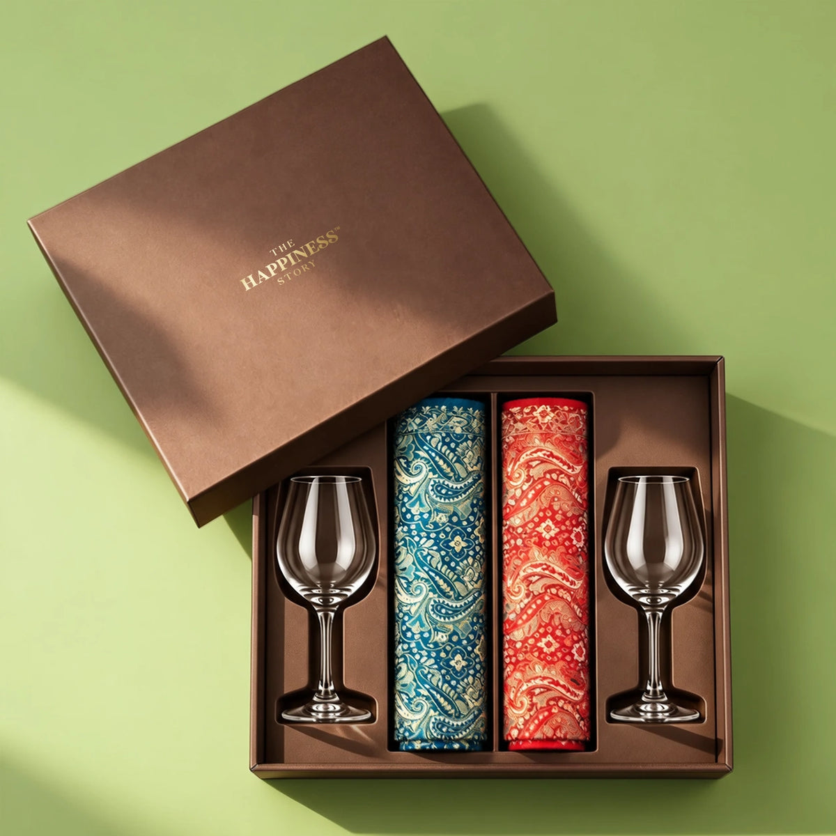 Jodi — Jamawar Shawl & Wine Glass Gift Hamper for Two | 2 Paisley Jamawar Shawls, 2 Wine Glasses & a Personalised Card in a Keepsake Box
