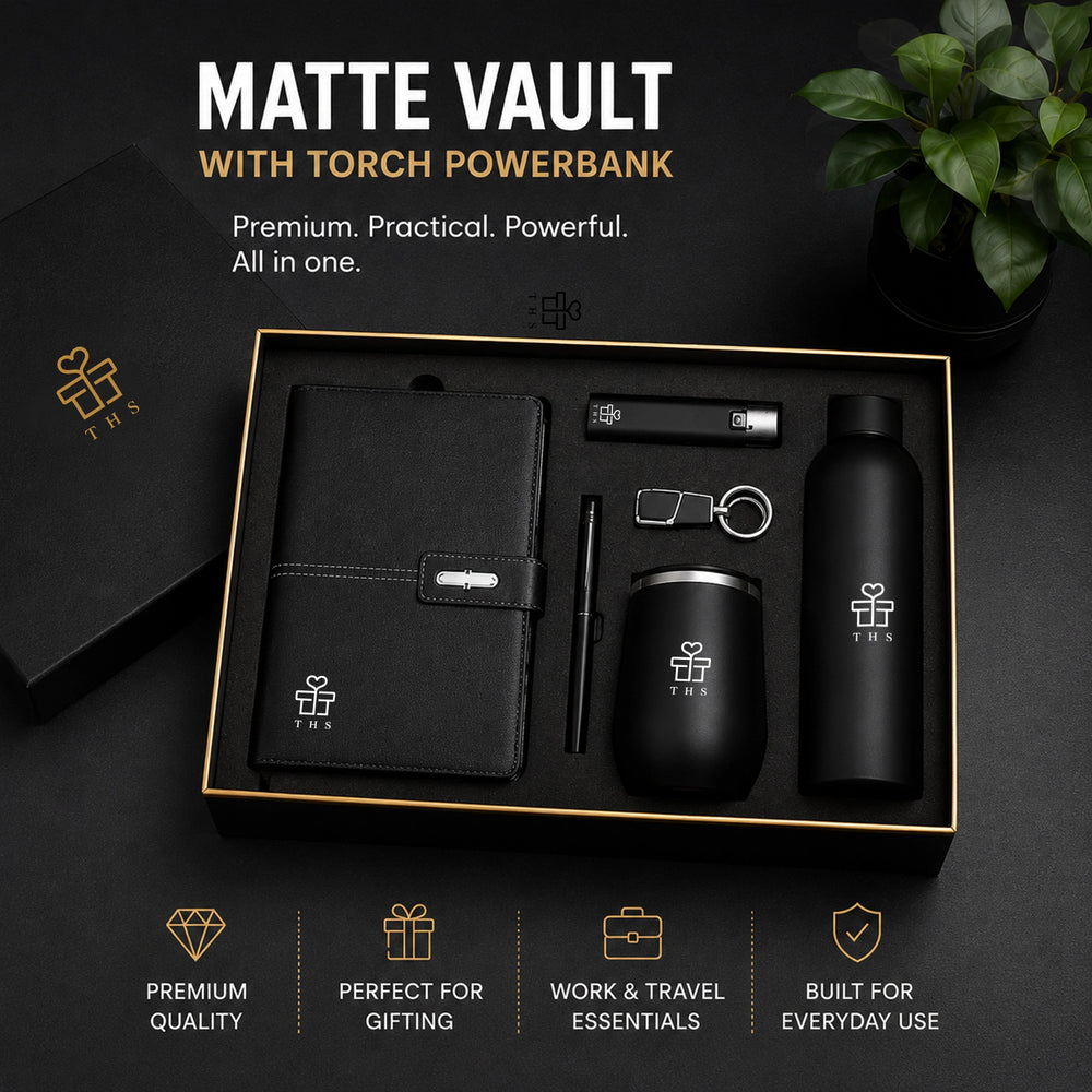 Buy Matte Vault premium corporate gift set with torch power bank, insulated bottle, mug, A5 notebook, pen and keychain in a black gift box