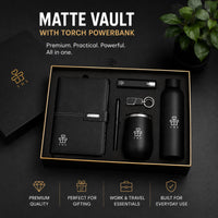 Buy Matte Vault premium corporate gift set with torch power bank, insulated bottle, mug, A5 notebook, pen and keychain in a black gift box