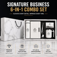 Buy Signature Business luxury corporate gift set in white marble finish — notebook, metal pen, card holder, insulated bottle, mug and keychain in marble gift box