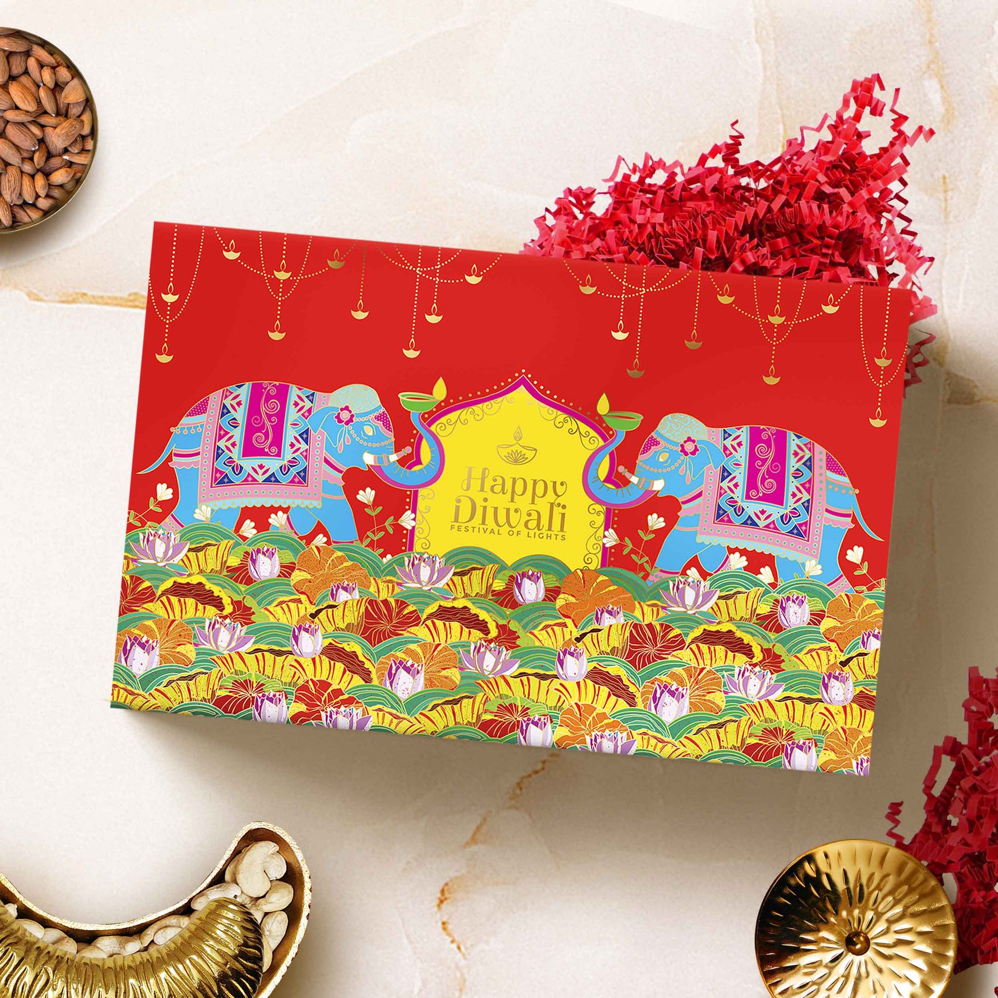 Close-up of handcrafted brass thali platter and chocolates in the Luxury Opulence Diwali hamper