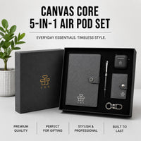 Canvas Core corporate gift set with wireless earbuds — grey canvas notebook, metal pen, Bluetooth earbuds case, card holder and keychain in black gift box