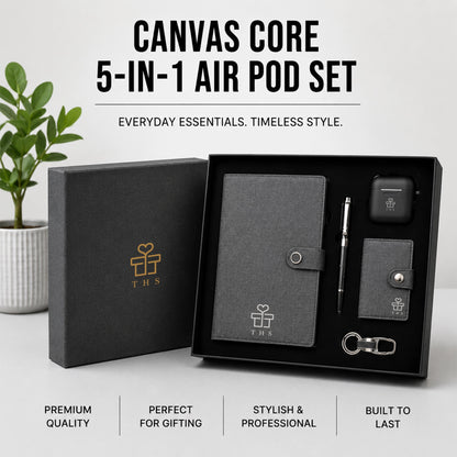 Canvas Core corporate gift set with wireless earbuds — grey canvas notebook, metal pen, Bluetooth earbuds case, card holder and keychain in black gift box