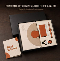 Corporate premium semi circle lock 4-in-1 gift set with orange notebook, metal card holder, premium pen, keychain and Best Wishes card