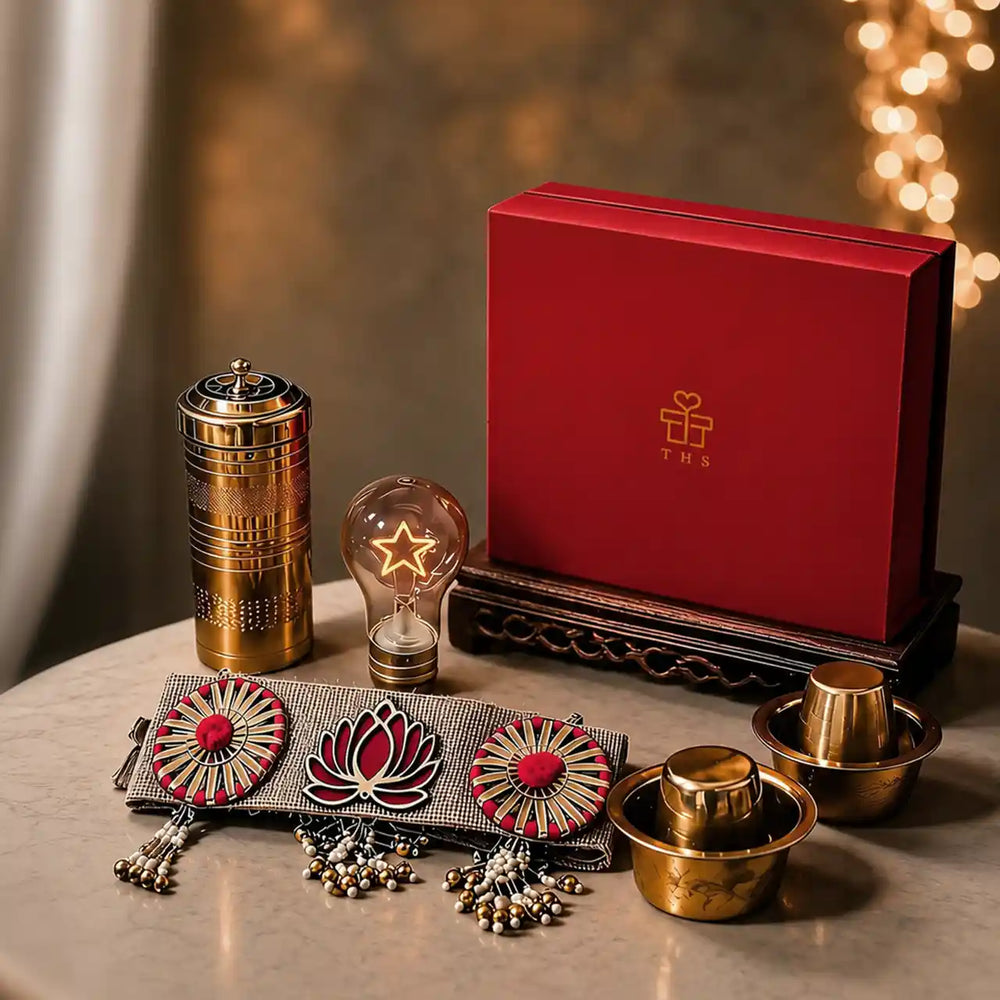 Brass Diwali gift hamper arranged around a closed red keepsake box, with two dabara tumbler and bowl sets, an etched brass coffee filter, a jute toran and a lit star-filament bulb