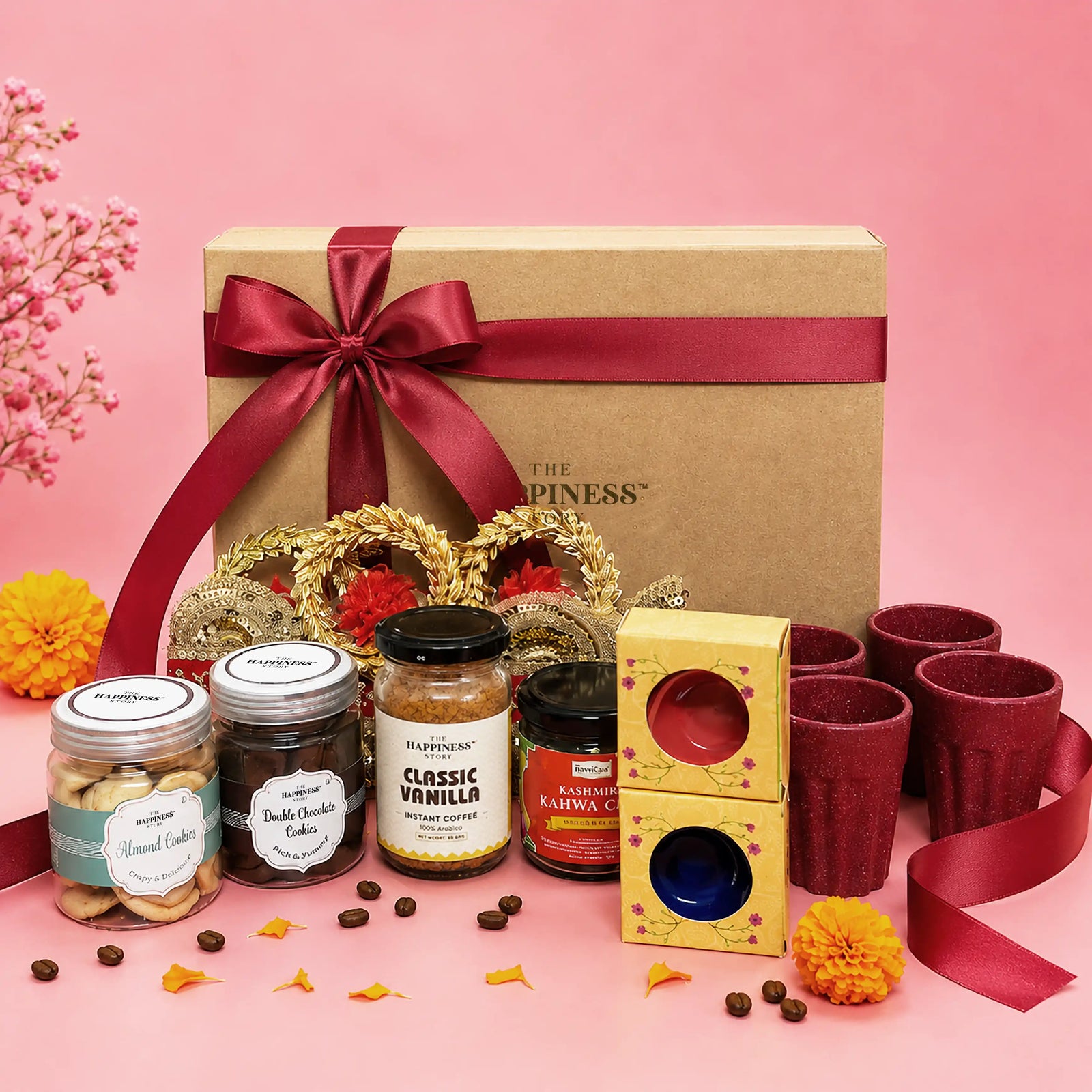Mewa aur Chai — Diwali Tea & Coffee Gift Hamper | Kashmiri Kahwa, Vanilla Coffee, Cookies, Rice Husk Kulhads & Diyas