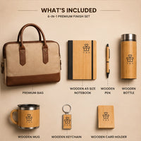 What's included in the THS bamboo 6-in-1 corporate gift set — premium bag, wooden A5 notebook, bamboo pen, bamboo bottle, wooden mug, keychain and card holder, all eco friendly