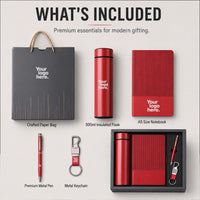 Melody Soft 4-in-1 contents — 500ml insulated LED temperature flask, A5 ribbed notebook, premium metal pen and metal keychain, logo-ready