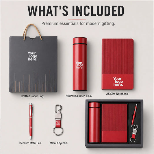 Melody Soft 4-in-1 contents — 500ml insulated LED temperature flask, A5 ribbed notebook, premium metal pen and metal keychain, logo-ready