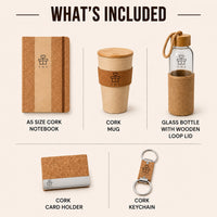 Eco Cork Nature 6-in-1 contents — A5 cork notebook, cork mug with bamboo lid, glass bottle with wooden loop lid, cork card holder and cork keychain