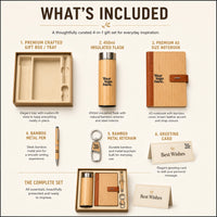  Bamboo Luxe 4-in-1 contents — crafted tray box, 450ml bamboo insulated flask, bamboo-leather notebook, bamboo metal pen, keychain and greeting card