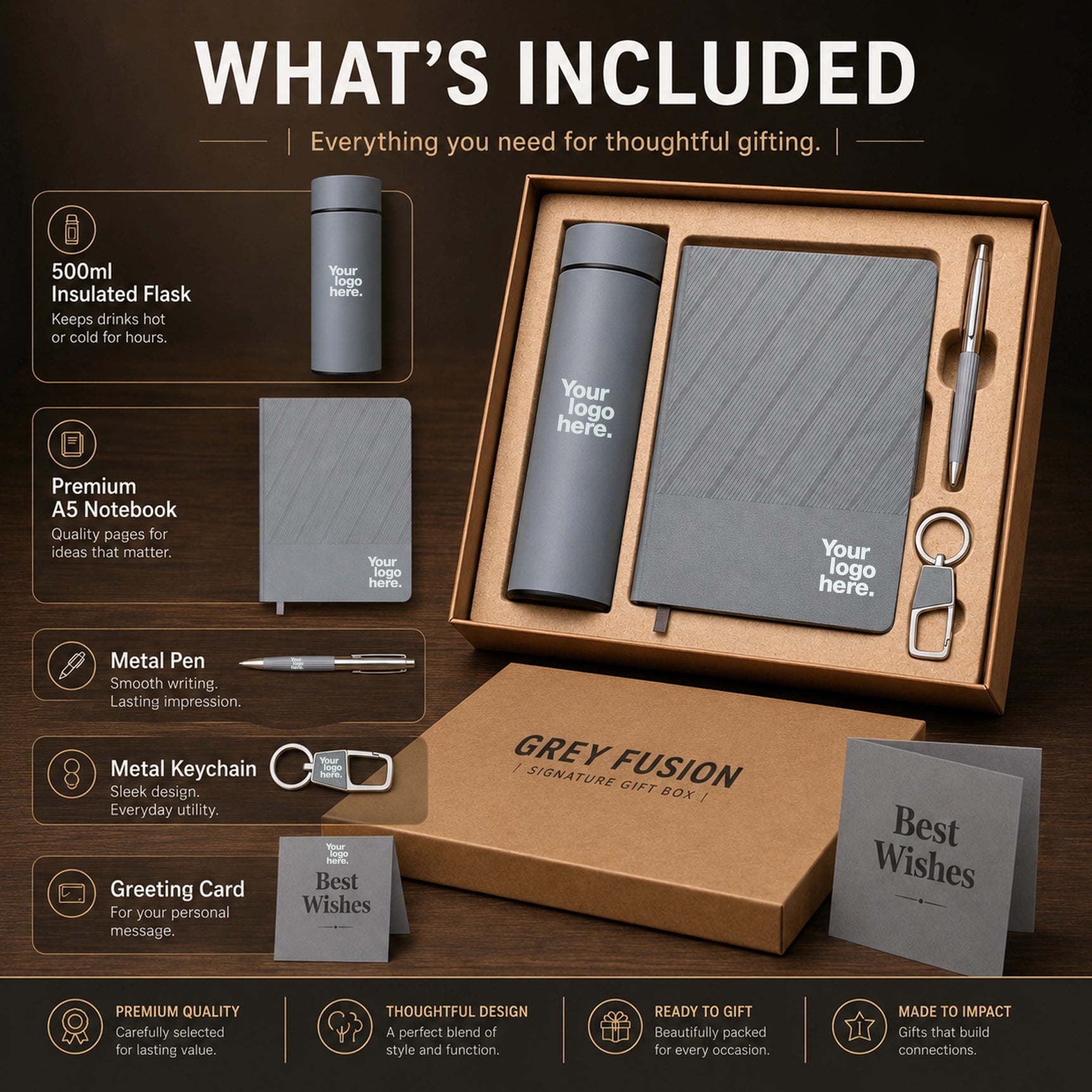 Grey Fusion contents — 500ml insulated flask, premium grey A5 notebook, metal pen, metal keychain and personalisable greeting card with kraft gift box