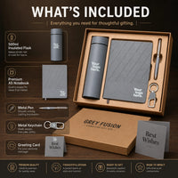 Grey Fusion contents — 500ml insulated flask, premium grey A5 notebook, metal pen, metal keychain and personalisable greeting card with kraft gift box