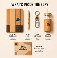 Quadro contents — cork A5 notebook, cork pen, cork keychain, cork glass tumbler with bamboo lid and premium greeting card