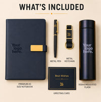 Golden Touch contents — premium A5 navy notebook, metal pen, metal keychain, 500ml insulated flask and greeting card