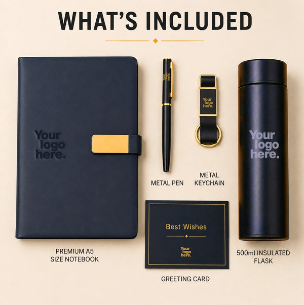 Golden Touch contents — premium A5 navy notebook, metal pen, metal keychain, 500ml insulated flask and greeting card