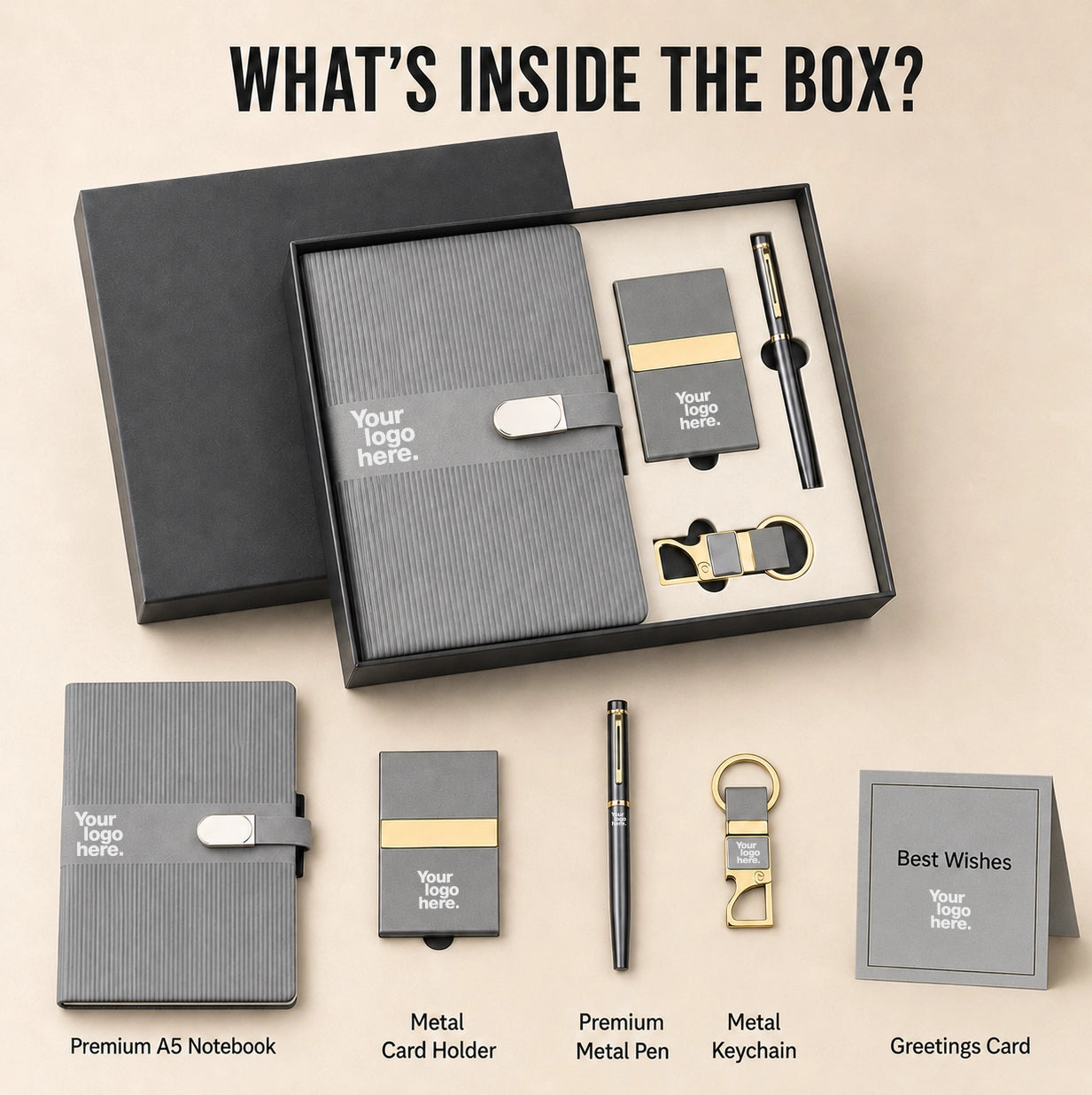 What’s inside the Business Class corporate gift box with notebook, card holder, metal pen, keychain, greeting card and logo placement areas