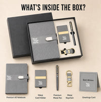 What’s inside the Business Class corporate gift box with notebook, card holder, metal pen, keychain, greeting card and logo placement areas
