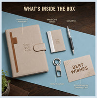 Canvas Note contents — premium A5 ivory diary, metal card holder, metal pen, metal keychain and complimentary greeting card
