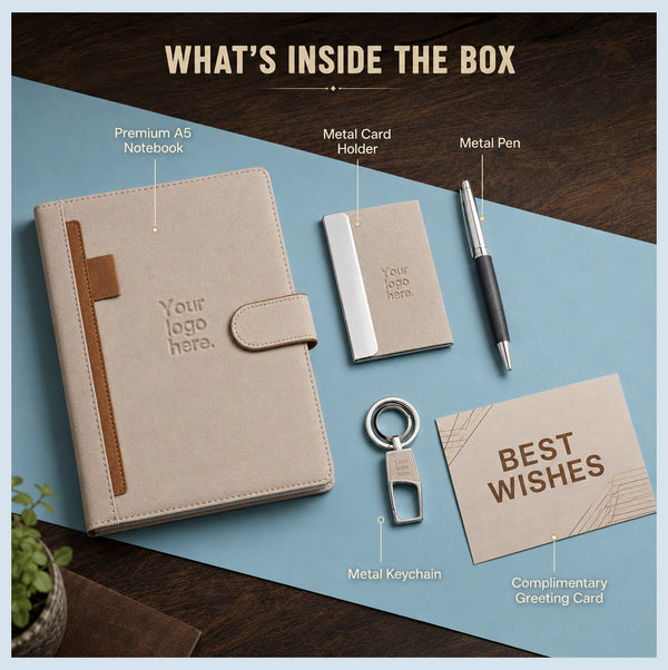 Canvas Note contents — premium A5 ivory diary, metal card holder, metal pen, metal keychain and complimentary greeting card
