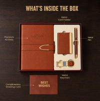 What’s inside the Elite Curve Pro premium A5 diary gift set with diary, metal card holder, metal pen, metal keychain and complimentary greeting card