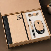 Open bamboo tech 4-in-1 gift set — bamboo wireless mouse, A5 notebook, pen and keychain in a logo kraft box, eco friendly corporate gift by THS