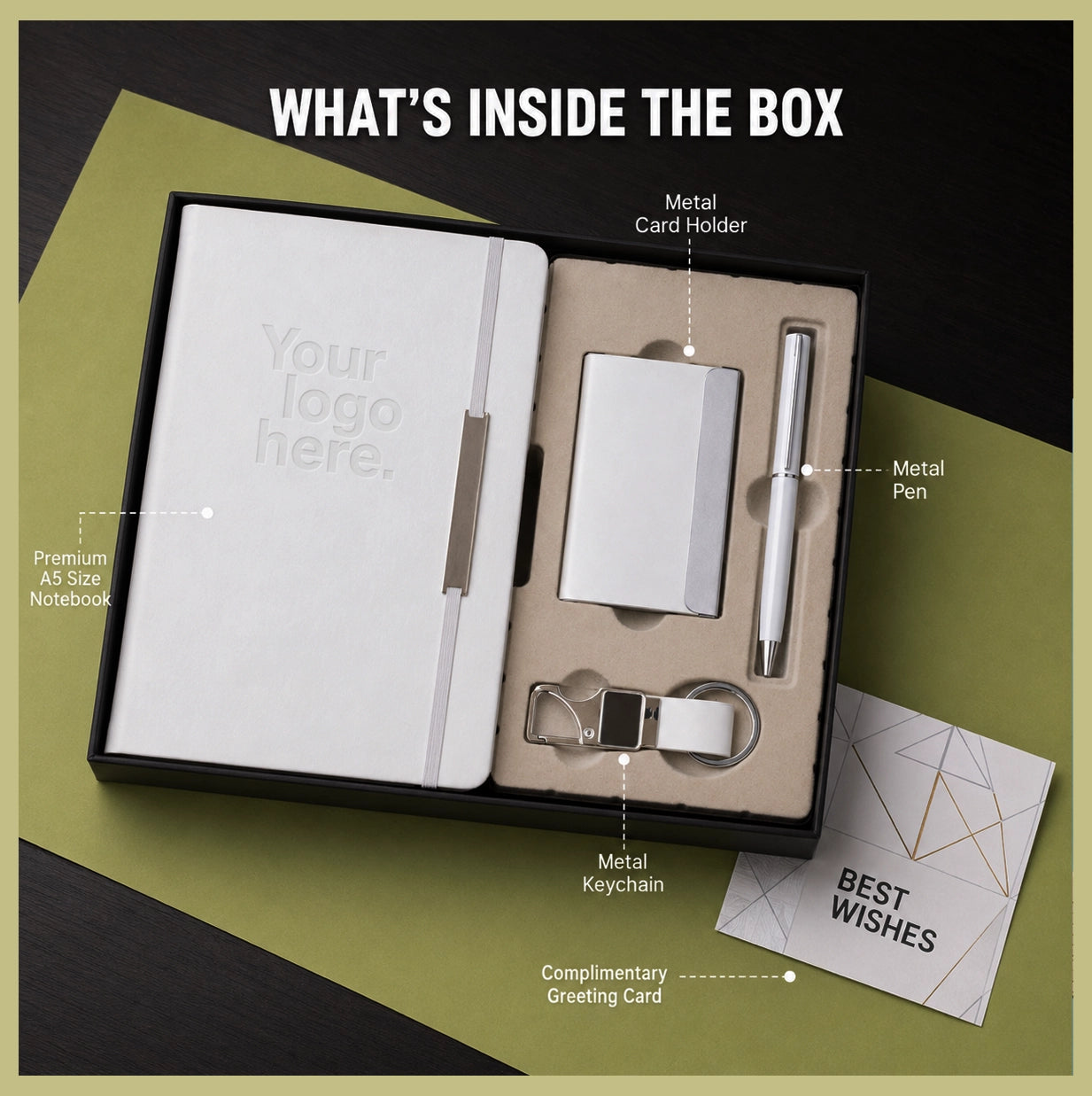 Elastic Pro contents — premium A5 sponge-touch notebook, metal card holder, metal pen, metal keychain and complimentary greeting card