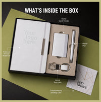 Elastic Pro contents — premium A5 sponge-touch notebook, metal card holder, metal pen, metal keychain and complimentary greeting card
