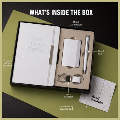 Elastic Pro contents — premium A5 sponge-touch notebook, metal card holder, metal pen, metal keychain and complimentary greeting card