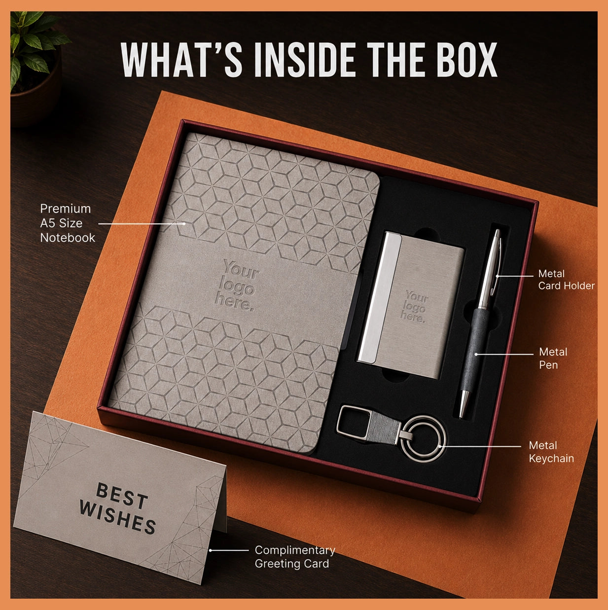 What’s inside the Hexa Mark Hardbound corporate gift set with premium A5 notebook, metal card holder, metal pen, metal keychain and greeting card