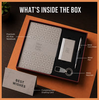 What’s inside the Hexa Mark Hardbound corporate gift set with premium A5 notebook, metal card holder, metal pen, metal keychain and greeting card