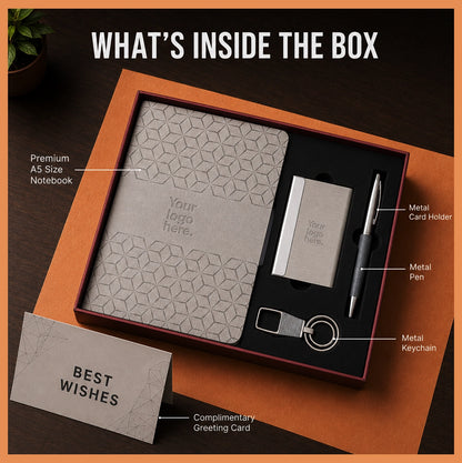 What’s inside the Hexa Mark Hardbound corporate gift set with premium A5 notebook, metal card holder, metal pen, metal keychain and greeting card