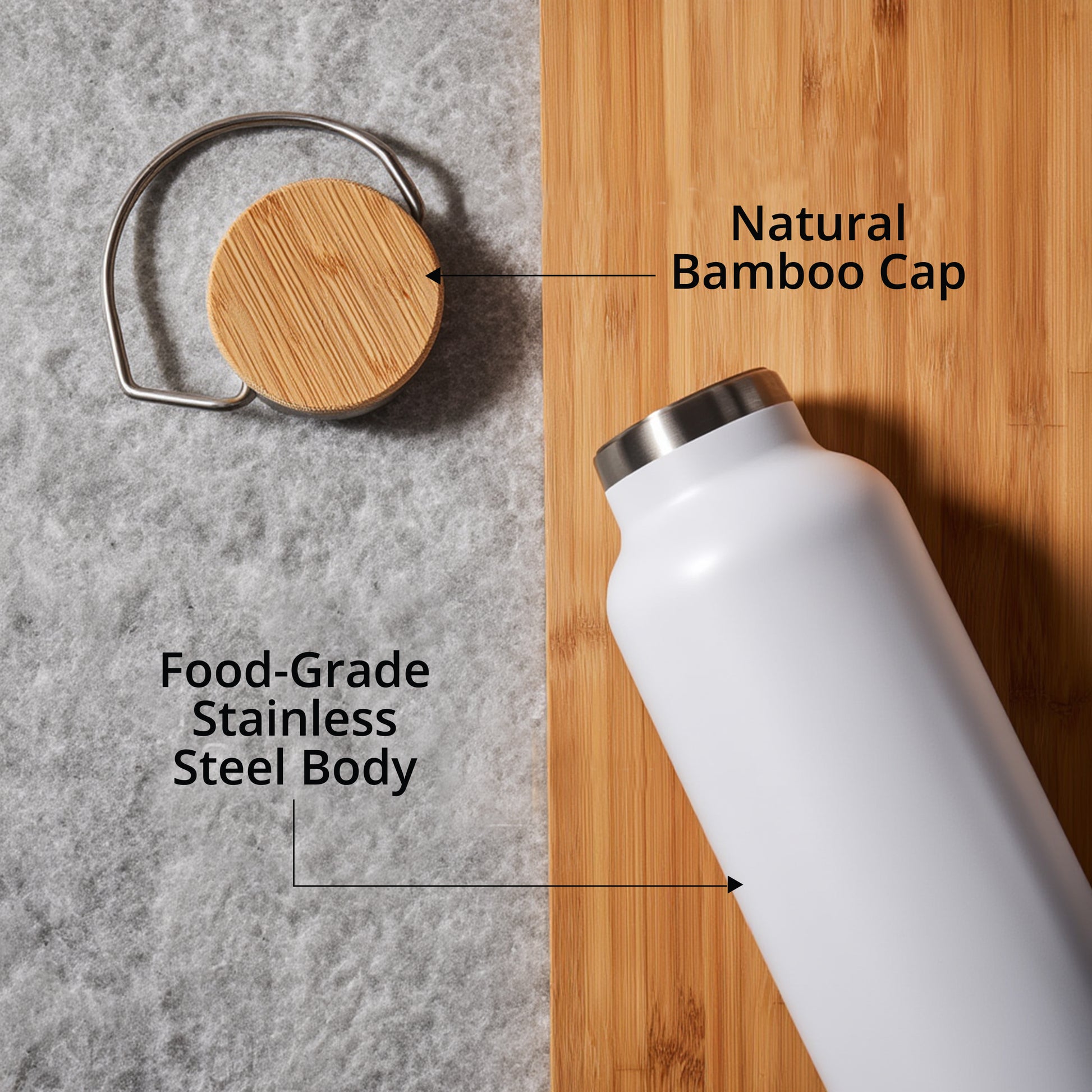 Food-grade stainless steel body paired with a smooth bamboo cap for a balanced, premium finish.