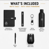 What's included in the Matte Vault 6-in-1 executive gift set — notebook, rechargeable torch power bank, keychain, bottle, pen and mug