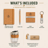 What's included in the Cork Luxe 6-in-1 eco gift set — cork notebook, cork pen, cork card holder, cork keychain, borosilicate sipper and glass bottle
