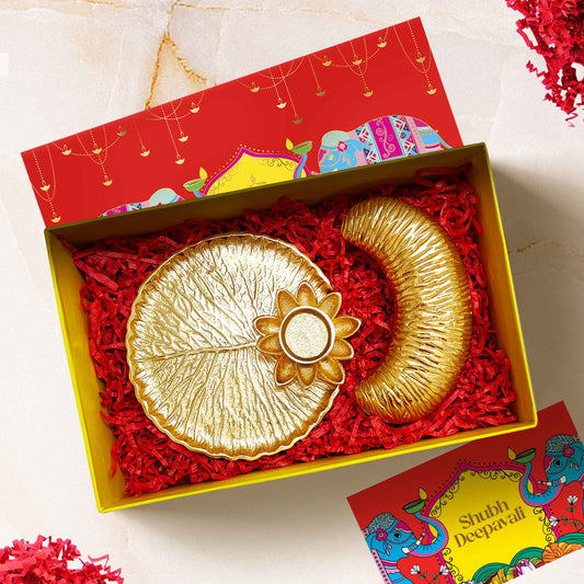 Luxury Elegance Box Diwali hamper with brass thali platter and cashew platter inside designer Kappa box