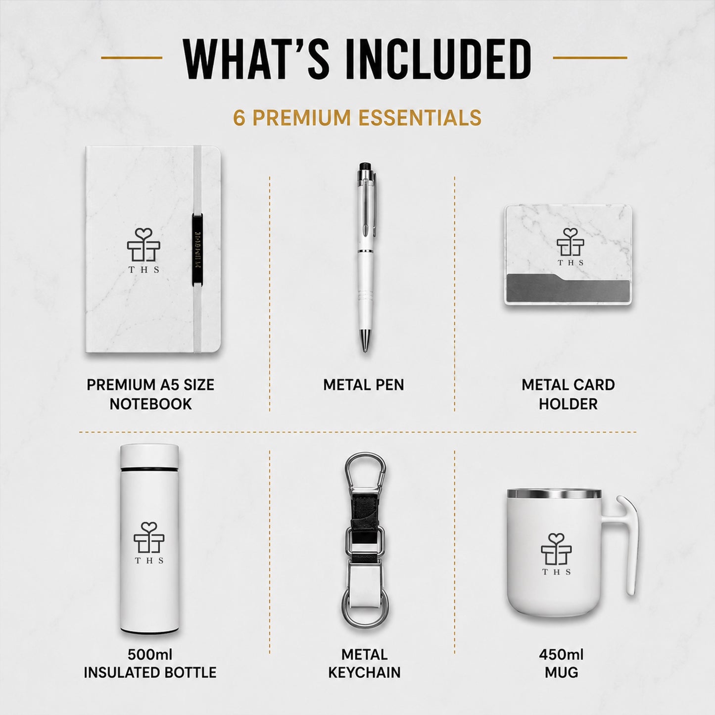 What's included in the Signature Business 6-in-1 combo set — A5 notebook, metal pen, metal card holder, 500ml insulated bottle, metal keychain and 450ml mug