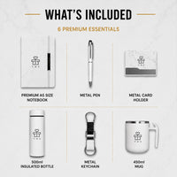 What's included in the Signature Business 6-in-1 combo set — A5 notebook, metal pen, metal card holder, 500ml insulated bottle, metal keychain and 450ml mug