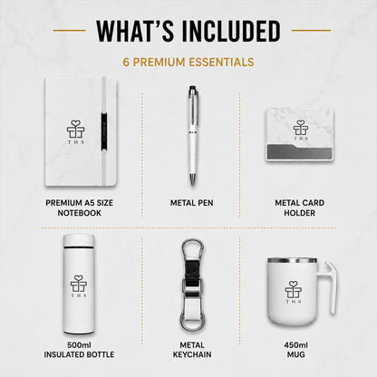 What's included in the Signature Business 6-in-1 combo set — A5 notebook, metal pen, metal card holder, 500ml insulated bottle, metal keychain and 450ml mug