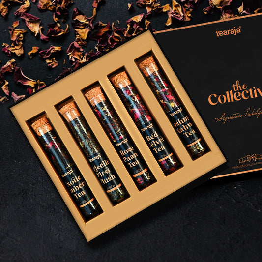 Inside The Collective box showcasing exotic cranberry, Darjeeling first flush, rose paan, red velvet, and Kashmiri kahwa teas