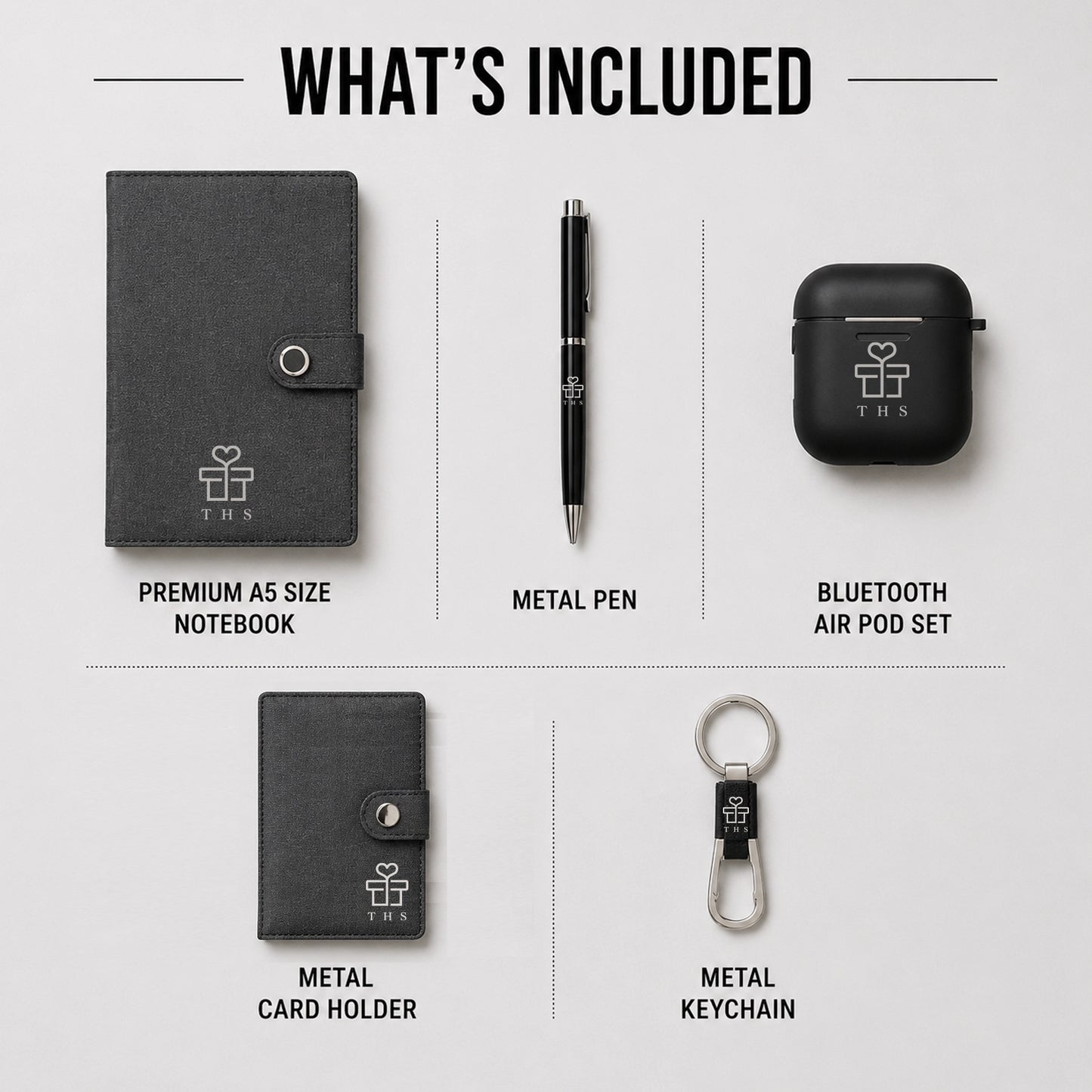 Canvas Core 5-in-1 contents — premium A5 canvas notebook, metal pen, Bluetooth wireless earbuds (TWS), metal card holder and metal keychain