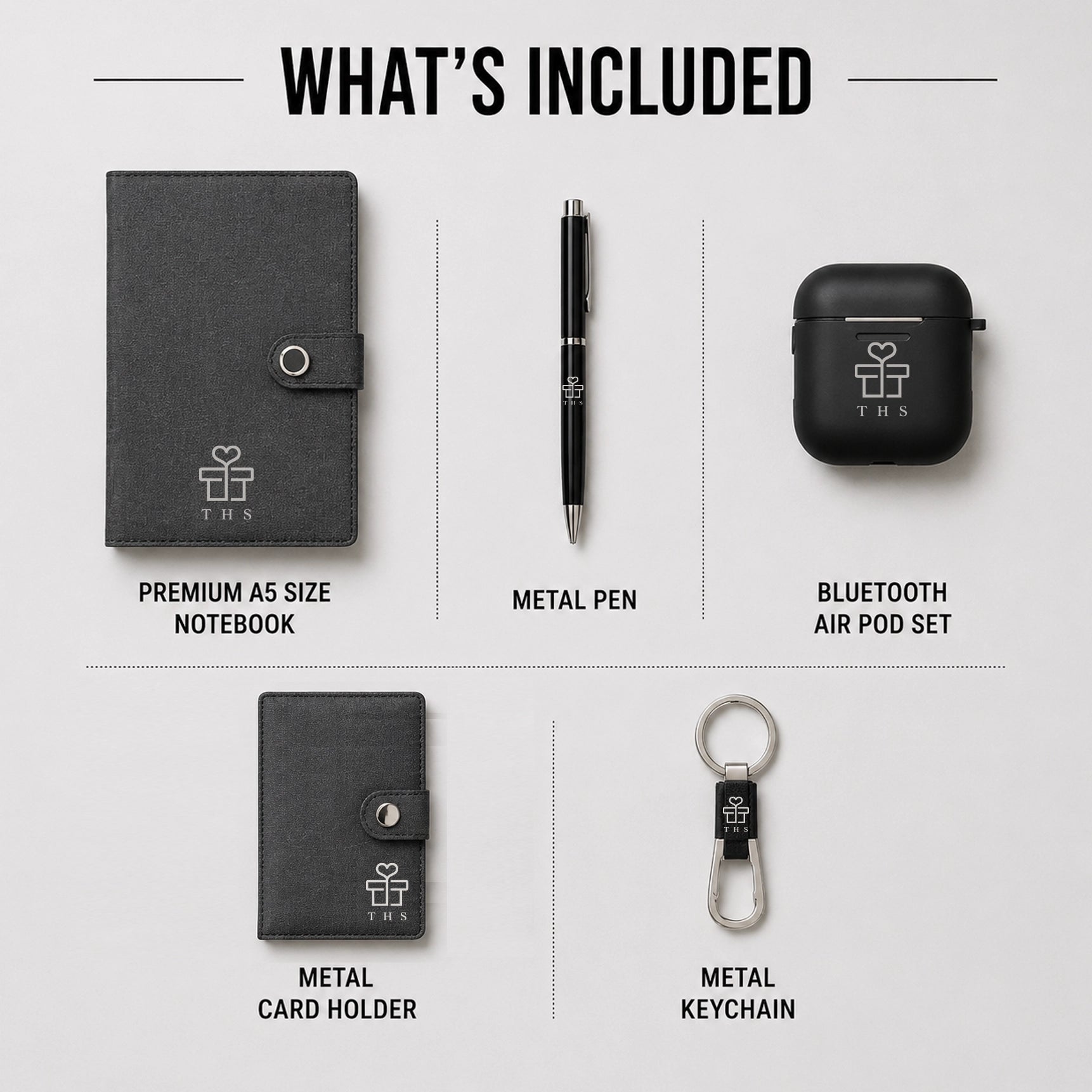 Canvas Core 5-in-1 contents — premium A5 canvas notebook, metal pen, Bluetooth wireless earbuds (TWS), metal card holder and metal keychain
