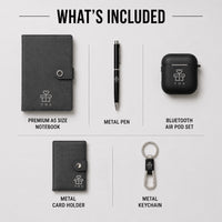 Canvas Core 5-in-1 contents — premium A5 canvas notebook, metal pen, Bluetooth wireless earbuds (TWS), metal card holder and metal keychain